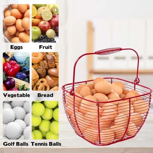 2 PCS Wire Egg Baskets for Gathering Fresh Eggs with Handle 7 Inch Red Square Metal Chicken Duck Eggs Collecting Countertop Basket Egg Holder Farmhouse Fruit Storage Container