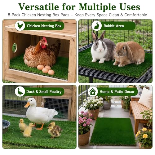 Chicken Nesting Pads 8 Pack, 12 x 12 Inch Washable Reusable Nesting Box Pads for Chicken Coop, Artificial Grass Nesting Box Liners with Black Backing and Drainage Holes, Green
