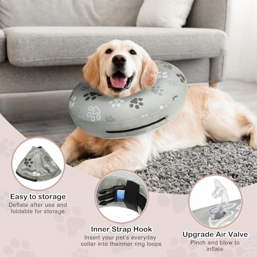 SCENEREAL Dog Cone Alternative After Surgery Donut Collar Soft | Pet Recovery Pillow Collar for Medium Large Dogs, Inflatable Adjustable Neck Collars to Prevent Licking, Grey Footprints M - color: Grey Footprints, size: M(Neck 13"-16")