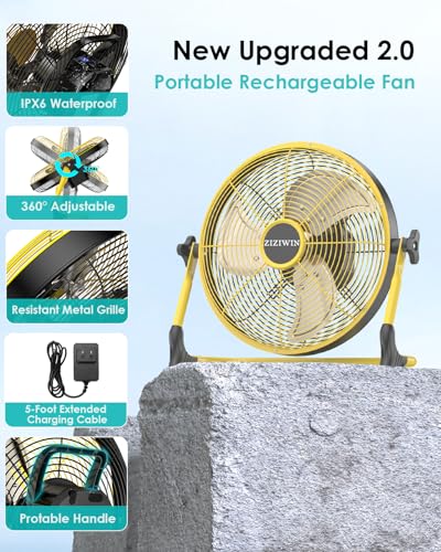 10'' Battery Operated Fan, Rechargeable Cordless Floor Fan, 6~40H Long Lasting Outdoor Camping Fan, 360° Tilt, Wireless, Quiet, USB Phone Charge, for Home Patio Gym Greenhouse Gazebo Outside - size: Yellow 10" Fan