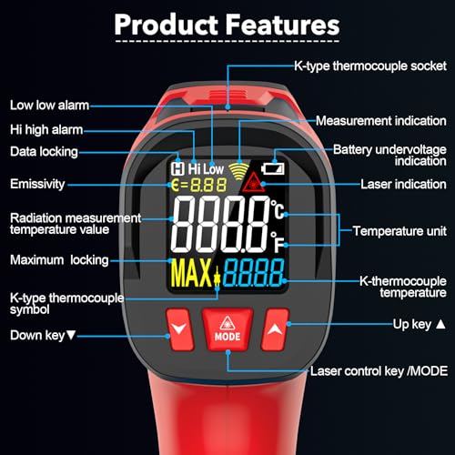 Infrared Thermometer Gun, Digital Laser Temperature Gun with Probe, -40°F~1472°F Non-Contact IR Thermometer with Adjustable Emissivity for Cooking, Pizza Oven, Griddle, Grill & Meat - color: Red, size: IR06 PRO -40℉~1472℉(-40℃~800℃)