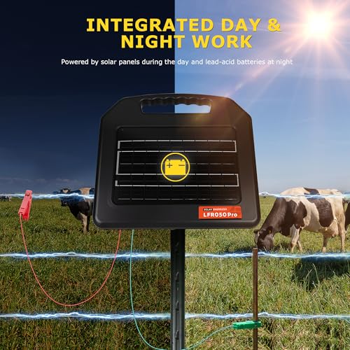 Solar Electric Fence Charger - 1.25 Joules Electric Fence Energizer, 70 Mile Range 10W Solar Powered Integrated Machine Without Needing an External Power Source for Livestock and Garden Protection - size: LFR050-Pro