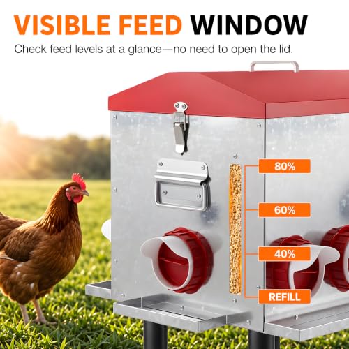 55 LB 10-Gallon Automatic Chicken Feeder, Large Metal Poultry Feeder with Window, 4-Sided No-Waste Feeding Design, Rust-Resistant Steel with Adjustable Legs for Outdoor Coops - size: 55 lb - 8 Ports
