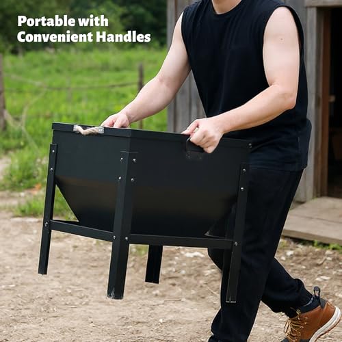 KOL 80LBs Chicken Feeder No-Waste, Galvanized Steel Large Capacity Chicken Feeder, Portable Poultry Feeder with Waterproof Lid for Hens and Roosters, Coops & Outdoors