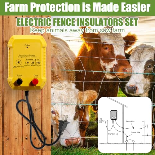 Electric Fence Charger Kit 1J 25 Mile 250ft Wire 50 Insulators | For Chickens Poultry Containment, 110VAC, Plug in Energizer with Aluminum Wire, Garden Pond Protection Setup - style: 1 Joule