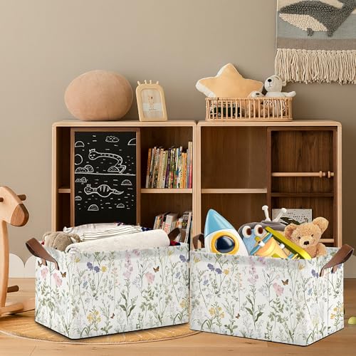 Wildflowers Butterfly Storage Baskets,Plants Botanical Foldable Large Capacity Organizer Bins with Waterproof Lining and Leather Handles for Closet,Shelf,Bedroom 17x11.5x10Inch - color: Wildflowers Butterfly Plants Botanical
