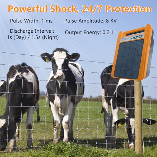 Solar Electric Fence Charger, 0.2J 8kV with Day/Night Mode | Livestock Protection, Poultry Fencing, Garden Security, Outdoor Use, Solar Powered Operation