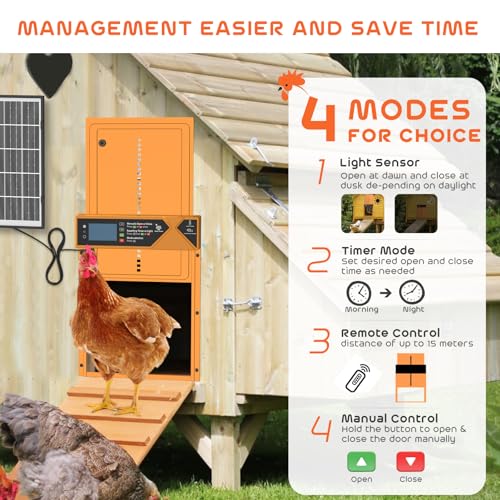 Large Automatic Chicken Coop Door Solar Powered 4000mAh High Capacity | 7W Solar Chicken Coop Door with Timer & Light Sensor, Anti-Pinch Safety, Wire Clips & Remote Control, Aluminum Chicken Door - color: Orange