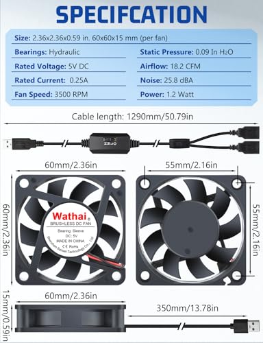 Wathai 2Pack 60mm USB Fan 5V Brushless Computer Cooling Fan with 3 Speed | 60x60x15mm USB Fans for Cooling PC Case, Raspberry Pi, Electronics Ventilation, Router Radiator, DIY Projects - size: 60x15mm(5V)