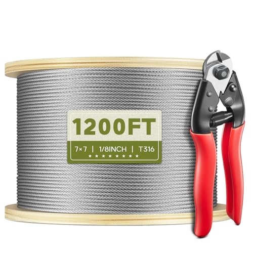 1200FT 1/8" Stainless Steel Cable for Railing, 7x7 Wire Rope | Marine-Grade T316 SS, High Strength, Flexible for Deck Cable Railing System Kit, DIY Balustrades, Comes with a Cutter - size: 1200 ft