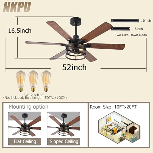 NKPU 52 Inch Farmhouse Ceiling Fan with Light and Remote, Brown Industrial Caged Rustic Ceiling Fan with 6 Speed Reversible Motor and Dual Finish 6 Blades, Rustic Ceiling Fan for Living - color: Brown