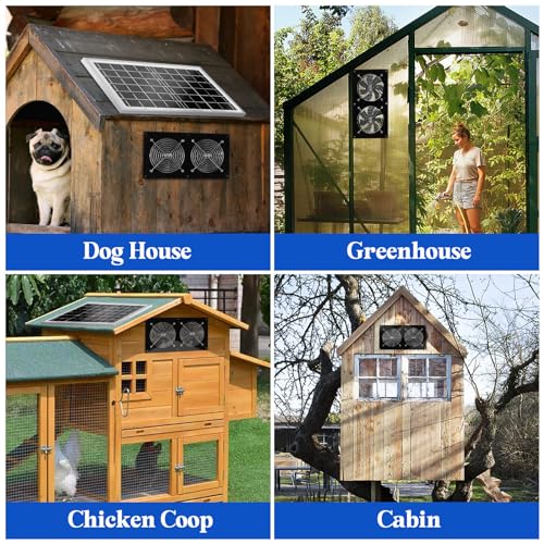 HNRLOY Solar Exhaust Fans for Chicken Coop Greenhouse Shed & Dog Houses| High Velocity Solar Powered Fans for Outdoor Intake or Exhaust Air with 2 High-Speed Brushless DC Fans - size: 15W Solar Panel + 2 Exhaust Fans