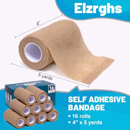Elzrghs Self Adhesive Bandage Wrap, 16 Pack, 4" x5 Yards, Elastic Cohesive Bandage, Stretch Athletic Tap Wrap, Vet Wrap, Skin Color