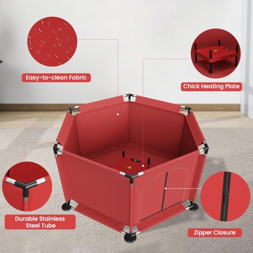 Brooder Box for Chicks, All-in-One Chick Starter Kit, Stainless Steel Frame Baby Chicken Brooder Playpen with Heater, Perch, Feeder & Waterer Set, Up to 30 Chicks, Hexagon Style