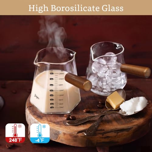 Joeyan 7 oz Glass Measuring Cup with Double Spouts,Espresso Shot Glasses with Wood Handle,Diamond Shaped Espresso Cups,Clear Milk Frothing Pitcher for Coffee,Borosilicate Espresso Accessories - color: 7 Oz Diamond-Shaped Measuring Cup