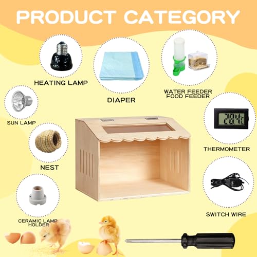 Wooden Chicken Brooder Box Kit with Heating Lamp, Thermometer, Food & Water Feeders, 15.7x11.8x11.8 Inch, Complete Small Pet Nursery Set with Ventilation, Digital Temperature Control