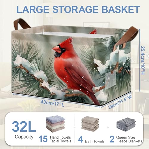 Red Cardinal Storage Baskets,Snow Winter Foldable Organizer Bin with Handles for Home Living Room Bedroom Closet Box 17x11.5x10Inch - color: Red Cardinal Snow Winter