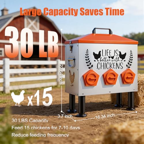 TGEYD 30 lb Metal Chicken Feeder, No-Waste Galvanized Feeder with 6 Feeding Ports, Adjustable Legs, Feed Level Window & Rainproof Roof Lid for Chickens, Ducks & Geese - size: 30LB