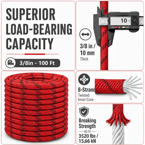 Braided Polyester Arborist Rope (3/8 inch X 100 feet) High Strength Bull Rope for Tree Work Truck Securing Camping Swing, Red - color: Red