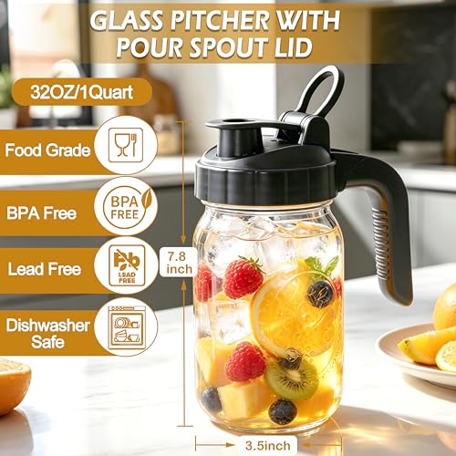 Glass Pitcher With Pour Spout Lid 32 Oz Mason Jar Breast Milk Storage For Fridge 1 Quart Airtight Leak-Proof Heavy Duty Water Jug With Flip Cap For Cold Brew Coffee Iced Tea Sun Tea Juices Beverages - size: 32 Ounces