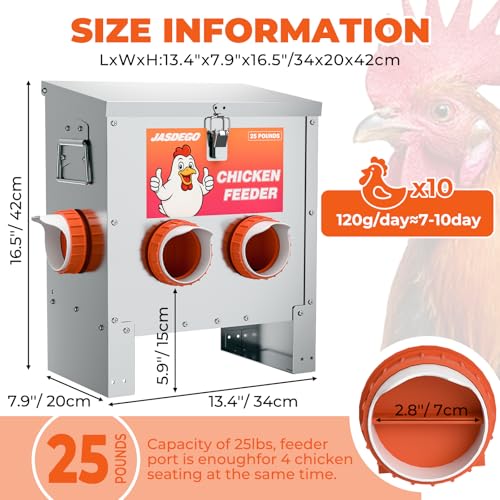4 Port Automatic Chicken Feeder, No Waste Poultry Feeder with Lid | 25 LBS Large Gravity, Weatherproof Lid, Locking Latch, Convenient Handle, Heavy Duty Automatic Metal Chicken Feeder - size: 4 Ports (25 LBS)