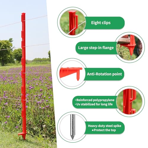 50PCS 48" Plastic Step-in Electric Fence Posts with Clips, Red | Temporary Electric Fence Stakes · 8 Integrated Clips · Reinforced Steel Spike · For Garden and Farm & Livestock - color: Red-50PCS