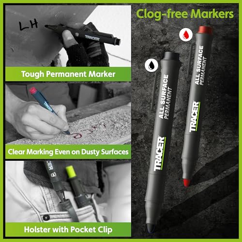 Tracer Marking Kit - Deep Hole Pencil, ALH1 Lead set and 2 Clog Free Markers with Holsters. Construction pencil & Marker set | Deep hole pencil with lead set, 2 clog-free markers in black and red, belt holsters included - style: 4pc Set