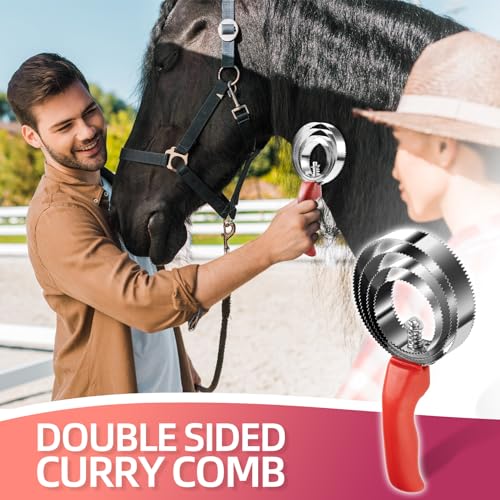 Double Sided Stainless Steel Curry Comb With Soft Grip, Shedding & Grooming Tool For Dogs, Cattle & Horses (Red) - color: Red