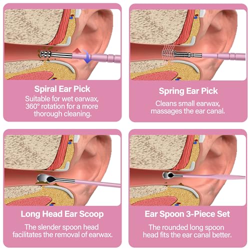 15 Pack Ear Wax Removal Tool Kit with Light - LED Ear Cleaning Kit, Ear Wax Removal for Kids and Adults, Ear Cleaning Tool, Ear Picker Spoon & Ear Tweezers & Spiral Spring Ear Spoon Pink - color: Pink
