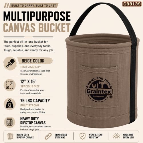 Graintex Canvas Utility Bucket 12"x15", Round Tool Bucket, Reinforced Base & Carry Handle, Ripstop Canvas, Multi-Purpose Bag for Jobsite, Home Use - Beige - color: Beige