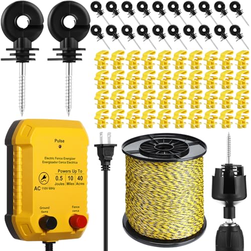 Electric Fence Kit, 0.5j Charger 3366ft Wire 60 Insulators | 5 Mile 110V Plug in Electric Fence, Polywire for Livestock Horse Cattle Poultry, T Post Screw Insulators, Farm Pasture - size: 3366FT, style: 0.5J