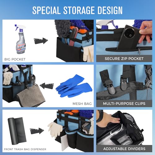 SCAVATA Wearable Cleaning Caddy, Cleaning Caddy Supplies Organizer with Handle & Shoulder Straps for Housekeepers, Under Sink & Car Cleaning Tool Organizers Bag with 4 Foldable Divider (Blue) - color: Blue