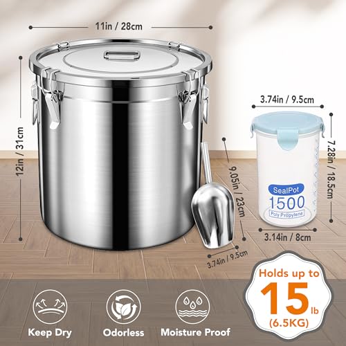 Newget 15lb Airtight Stainless Steel Dog Food Storage Container with Scoop | Large Metal Pet Food Containers Set with Sealed Lid, Metal Lock for Easy Open and Close, Keeps Fresh for Cat / Dog Food - size: 15 lb