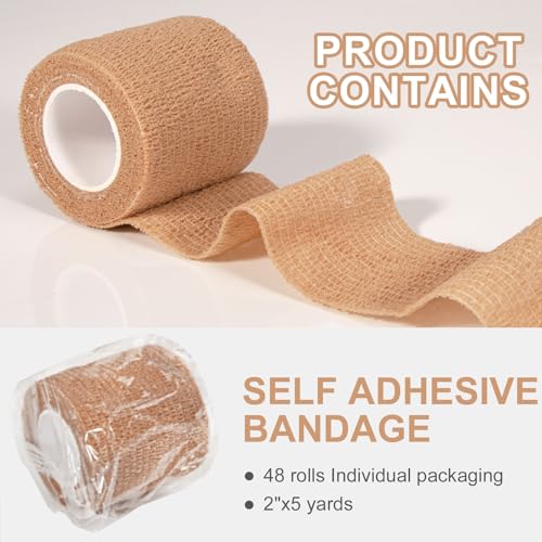 48 Pack Self Adhesive Bandage Wrap, 2” x 5 Yards Cohesive Medical Tape Elastic Grip Tape Black Sports Tape Athletic for Ankle, Wrist Sprains, Pet First Aid (Brown) - color: Brown