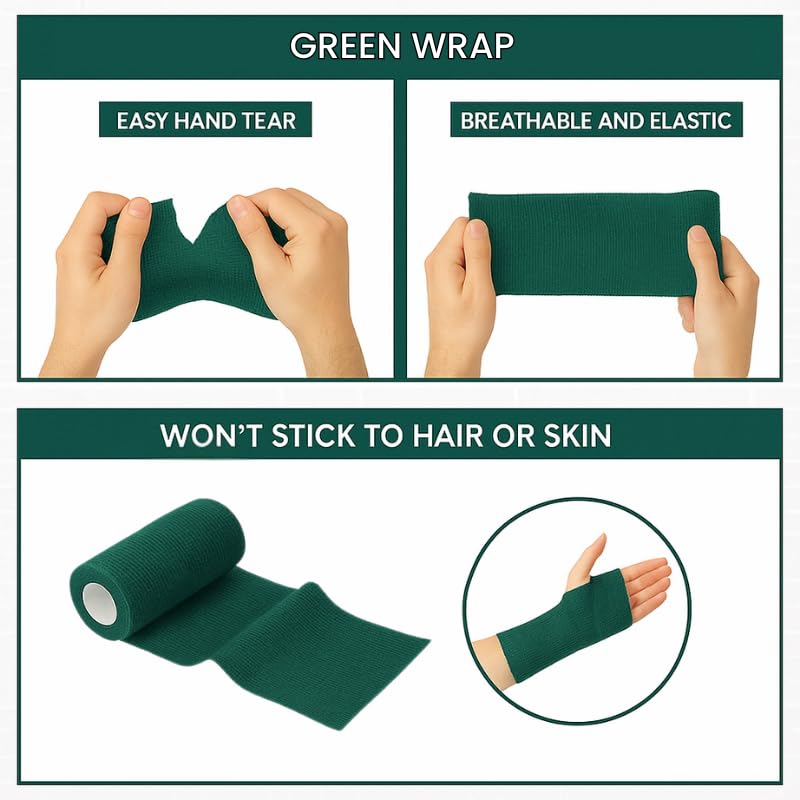 4" Cohesive Flexible Bandage Wrap – Green - 8 Pack | Self-Adherent Vet Tape for Animal Use | Breathable, Easy Tear, No Clips Required | Ideal for Horses, Dogs, Livestock, Pets - color: Green