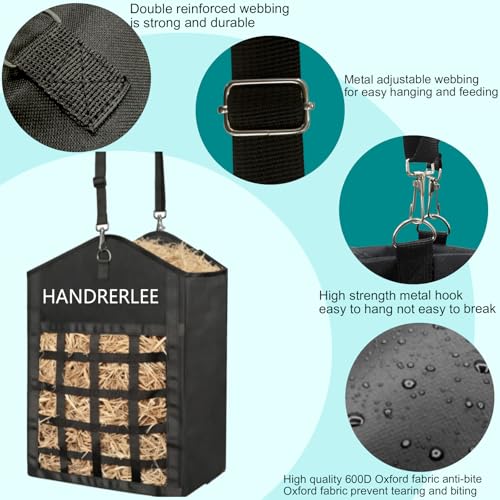 Hay Bags for Horses, 1PCS Slow Feed Hay Bags for Goats, Sheep, Donkey, Two-Sided Premium Oxford Hay Feed Bags and High Strength Metal Clasp, Easy to Hang with Adjustable Strap(Black, Large 1 Pack) - size: 1PCS
