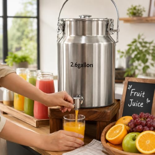 304 Stainless Steel Milk Can with Spigot, 2.6 Gallon Metal Water Dispenser, 10L Steel Water Tank & Stainless Steel Beverage Dispenser, Heavy Duty Drink Dispensers for Milk, Wine, Oil - size: 2.6 Gallon