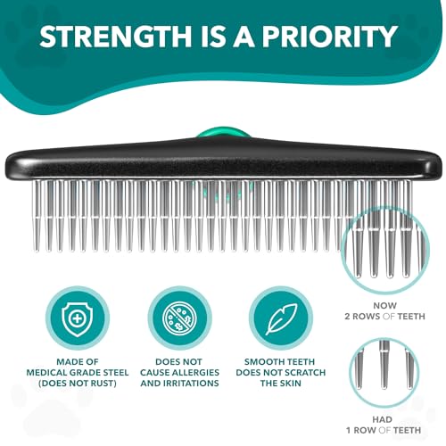 DOGI Deshedding Brush Comb - Undercoat Rake for Dogs, Cats, Short, Long Hair Coats - Double Row Stainless Steel Pins - Reduce Shedding by 90% (Green) - color: Green