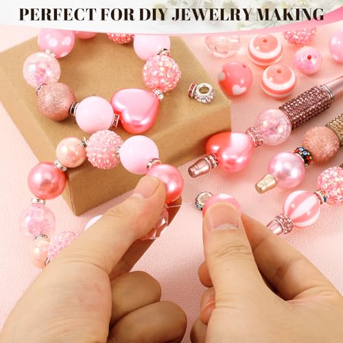 112 Pcs Red Bubblegum Beads for Pens, Spacer Beads, Pink | 28 Pcs Pen Beads 14 Styles, 84 Pcs Spacer Beads, Colorful Rhinestone Bead for Jewelry Making,Valentine's Day - color: Pink