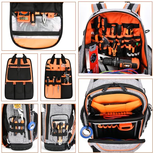 LOKASS 18.1-inch Heavy-Duty Tool Backpack, 75 Pockets, Gray | 110 lbs Load Tested, 1680D Tear-Resistant Fabric, Removable Tool Panel, Combination Lock, Electricians, HVAC Pros - color: Grey
