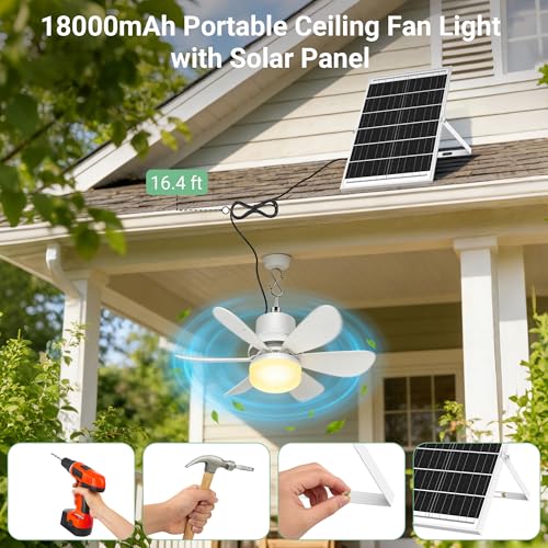 Solar Fan for Gazebo with Light | Solar Powered Ceiling Fan with Remote | 18000mAh Rechargeable | 17.5'' Portable Outdoor Hanging Fans for Pergola| Backyard| Camping| Tent| RV Canopy, IP54 Rated
