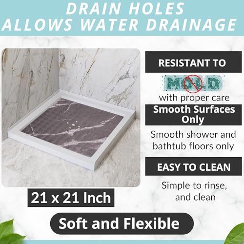 ENKOSI Square Shower Mat 21 x 21 – Anti Slip Shower Mat with Secure Suction Cups and Drain Holes – Square Shower Stall Floor Mats with Black Marble Design (Marble Black 21x21) - color: Marble Black