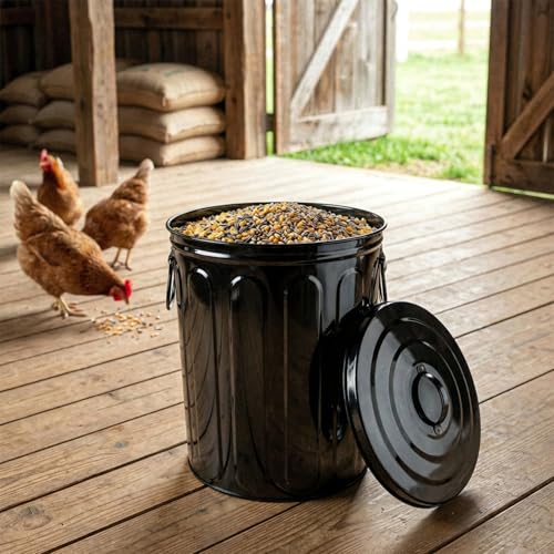 Plexon 5 Gallon Small Metal Trash Can with Lid Outdoor Galvanized Steel Bucket with Lid 5 Gal Storage Can for Dog Food Bird Seed Storage Container, Black - color: Black