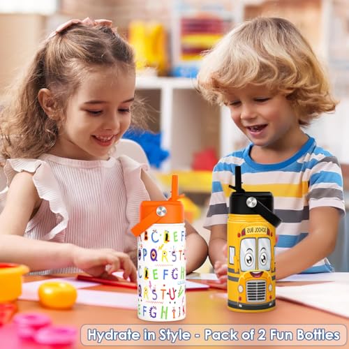 SANDJEST Kid Water Bottle 12oz with Straw Lid - 2-Pack Insulated Stainless Steel Water Bottles for Kids Girls Boys - Travel Cup for Back to School Sports Christmas Birthday (Alphabet & School Bus) - color: Alphabet + Construction