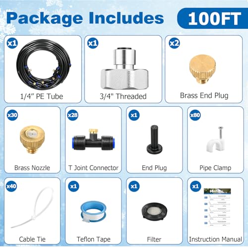 Mellbree Misters for Outside Patio 100FT/30M, Pre-Assembled Misting Cooling System with 30 Brass Nozzles & 3/4" Adapter, Outdoor Mister for Garden, Backyard, Livestock Ranch, Greenhouse, Pool Area - size: 100FT