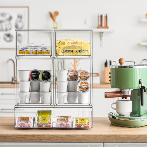 Sorbus Clear Stackable Storage Drawers (4 Pack, 4.4'' Tall) | Acrylic containers with pull-out bins keep cosmetics, brushes and daily items sorted on bathroom counters or in cabinets. - size: 4 Pack, 4.4’’ Tall