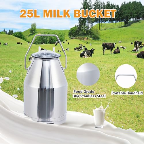 6.6Gal / 25L Cow Milking Machine, 550W Powerful Vacuum Pulsation Electric Milker, Portable Milker with Food-Grade Silicone Cups and 304 Stainless Steel Milk Buckets