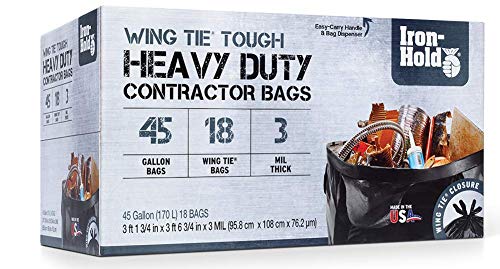 Contractor Trash Bags - 45 Gallon, 18 Bags, Wing Tie Closure, 3 MIL Thick, Gusseted Bottom, Black - Heavy Duty Industrial Strength Garbage Bags - size: 1 Count (Pack of 18)