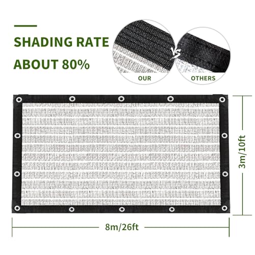 Shade Cloth-Thickened and Encrypted 80% Aluminum Shade Cloth for Greenhouse Balcony Garden,Outdoor Pergola,Lawn,Cars.Easy Hanging with Edges and Holes,Silver Heat Reflective Tarp - size: 10ft×26ft