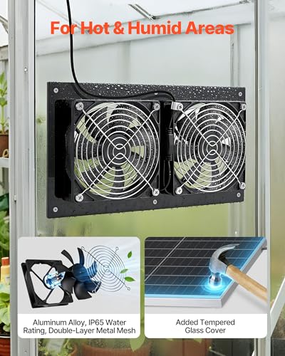 VEVOR Solar Powered Fan, 15W Solar Panel with 2 Fans, Adjustable Solar Panel Angle, 2668 RPM High-Speed, Flexible Installation, Fast Air Exchange for Greenhouse, Grow Tents, Chicken Coops, Shelters - size: 4.7" Fan×2 -15W